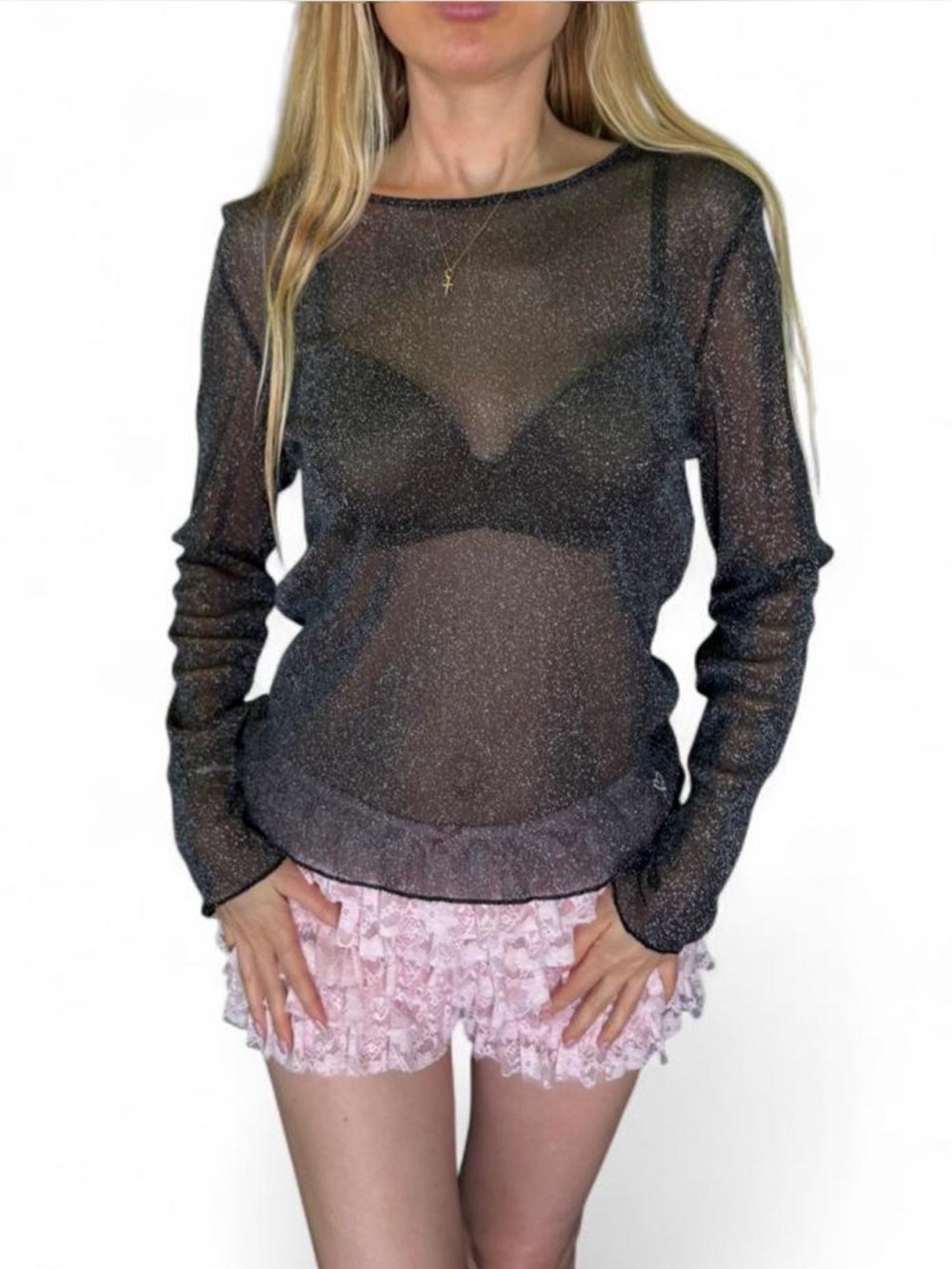 Victoria’s Secret Sheer mesh metallic shimmer long sleeve sparky blouse XS - Picture 4 of 8